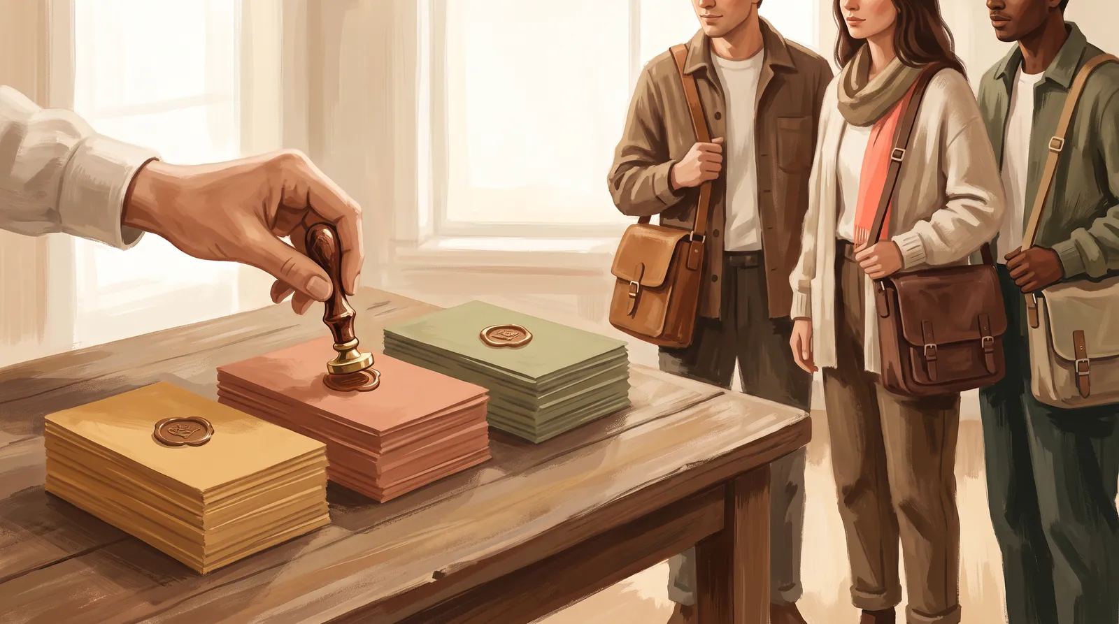 A teacher stamping distinct wax seals onto three stacks of discount cards, three partners waiting with satchels