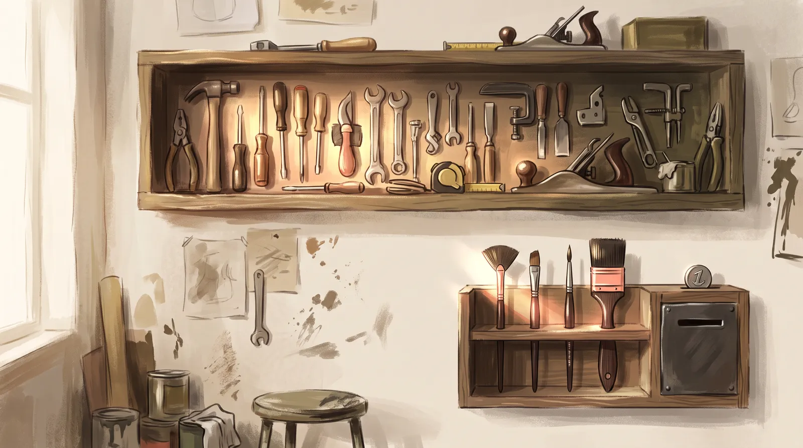 A workshop wall with a large always-free shelf of tools and one small paid shelf of specialty brushes
