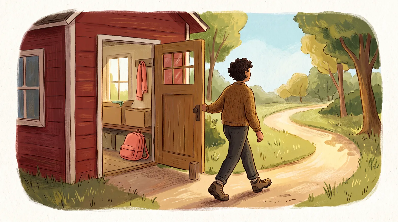 A person leaving a small schoolhouse through a propped-open door, belongings safely stored in labeled boxes inside