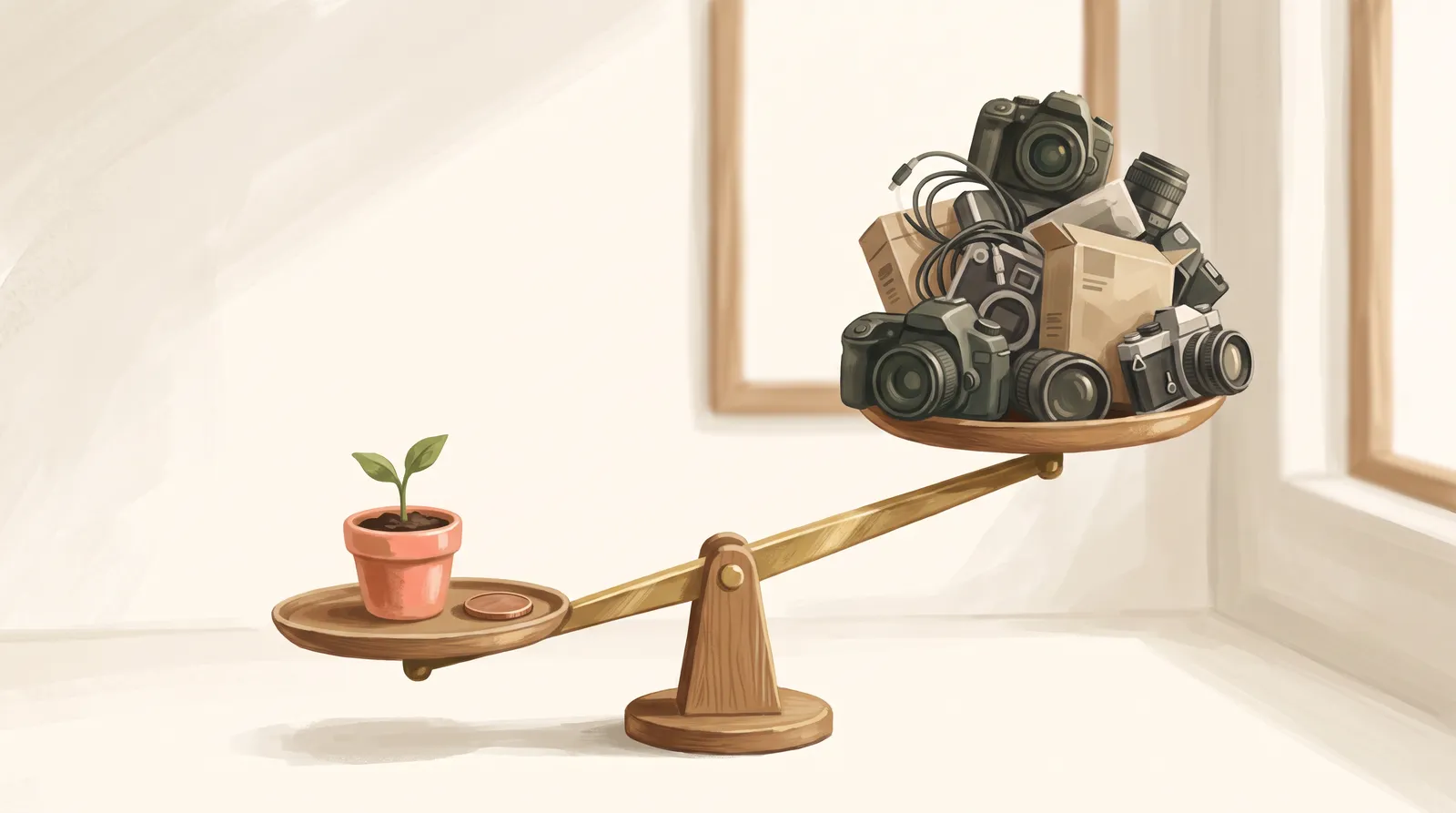A tiny potted seedling and one coin on a balance scale, outweighing a heap of cameras, cables, and software boxes