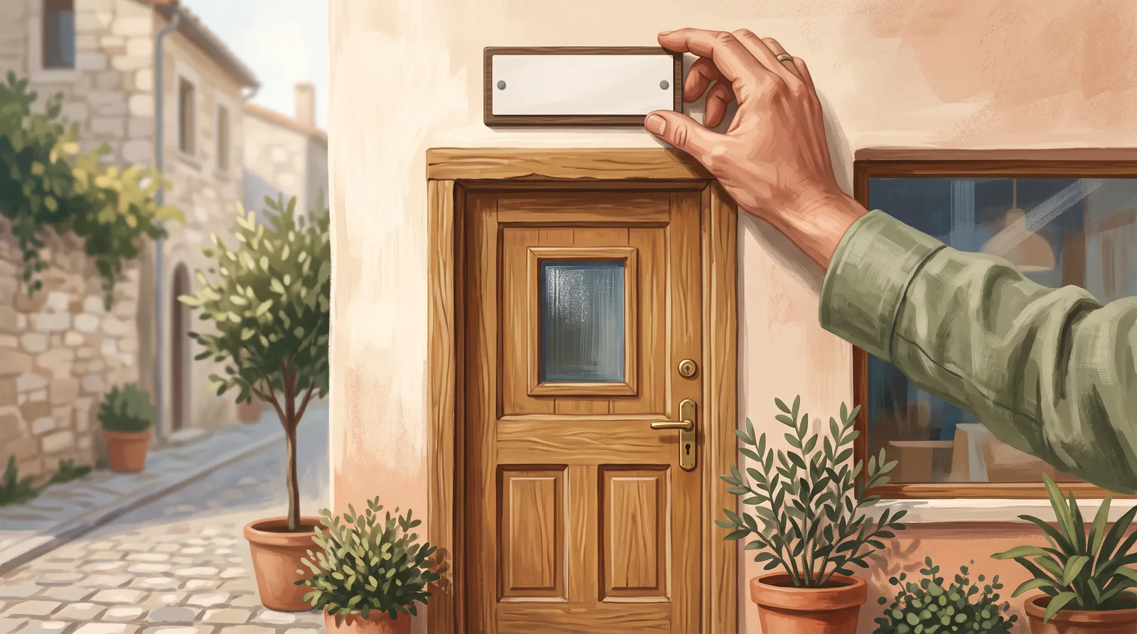 A hand placing a personal nameplate over a shop door, two small neutral rivets visible at the frame