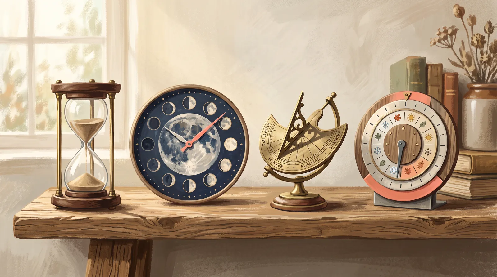 Four clocks on a shelf keeping different rhythms: an hourglass, a moon-phase clock, a sundial, and a calendar wheel