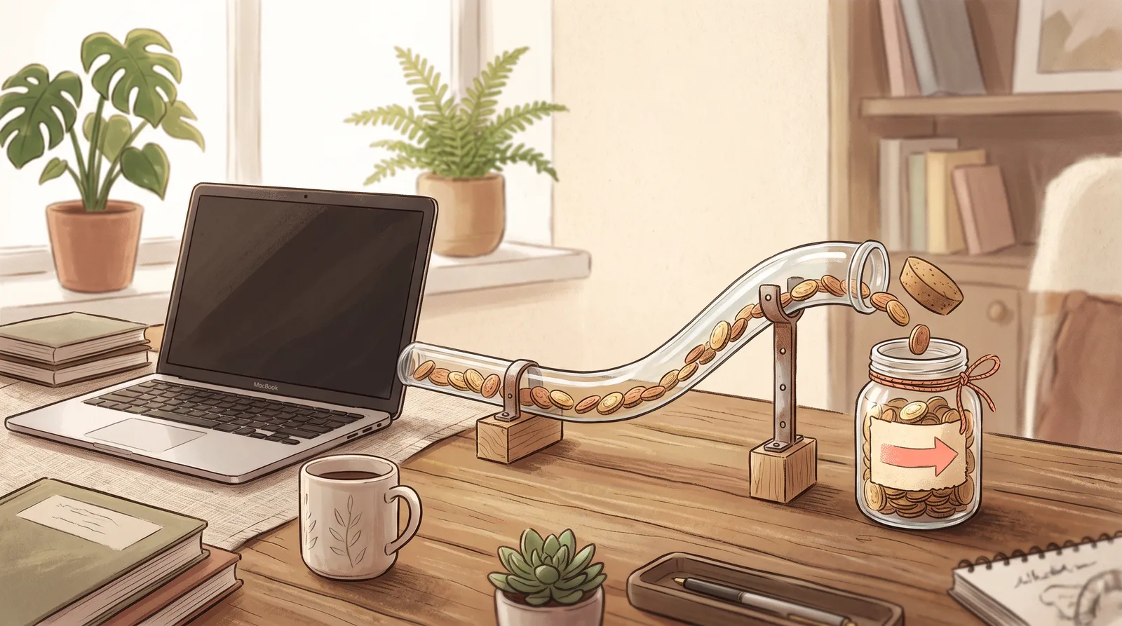 A clear pipe carrying a steady stream of coins from a laptop into a labeled savings jar