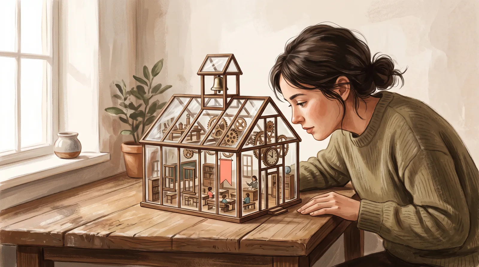 A small glass schoolhouse with every room visible inside, being inspected closely in daylight
