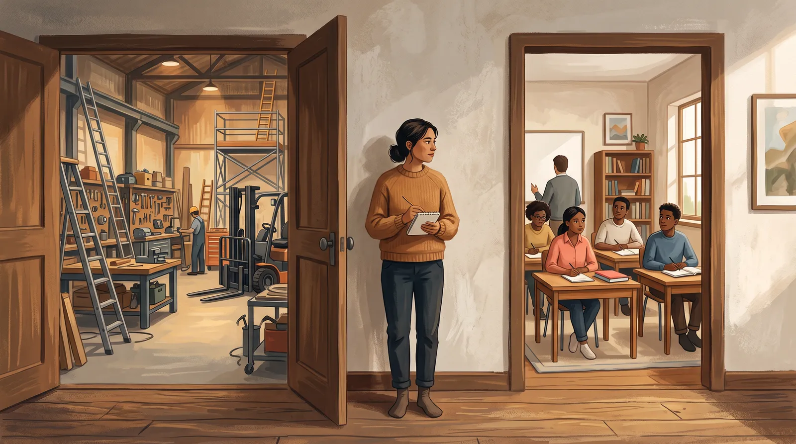 A person between two doors: one into an enormous toolroom with scaffolding, the other into a small finished classroom with students