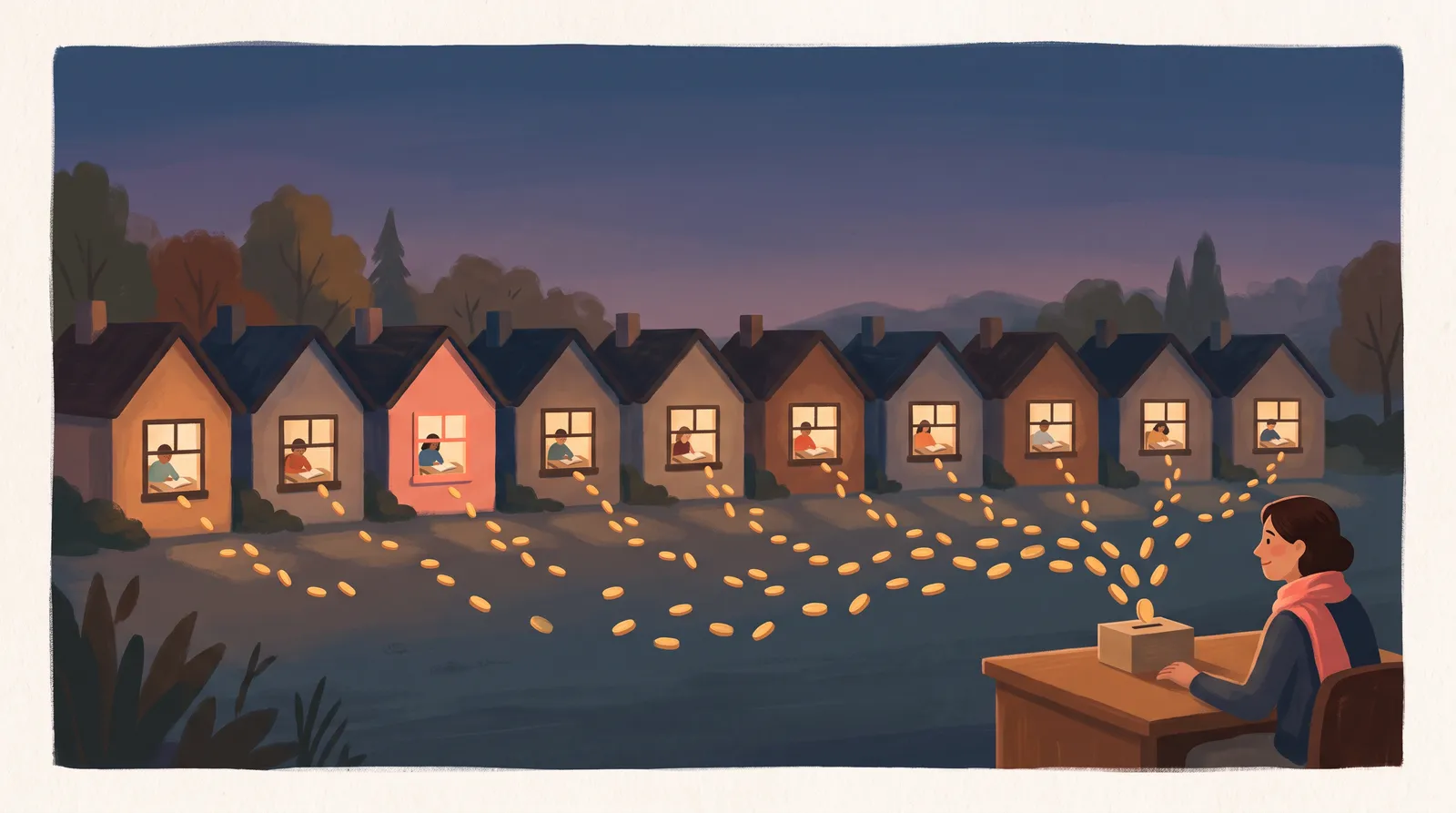 Ten small lit windows at dusk with figures learning inside, a modest stream of coins drifting toward one teacher's desk