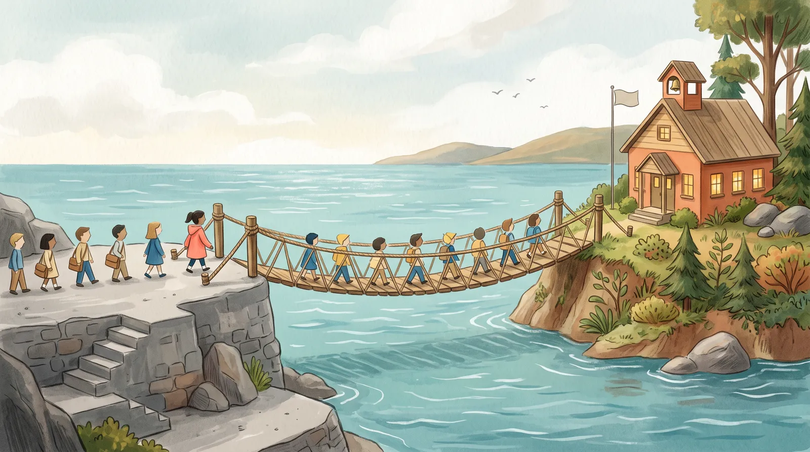 A gentle rope bridge between a grey platform island and a warm schoolhouse island, paper students crossing in a steady line