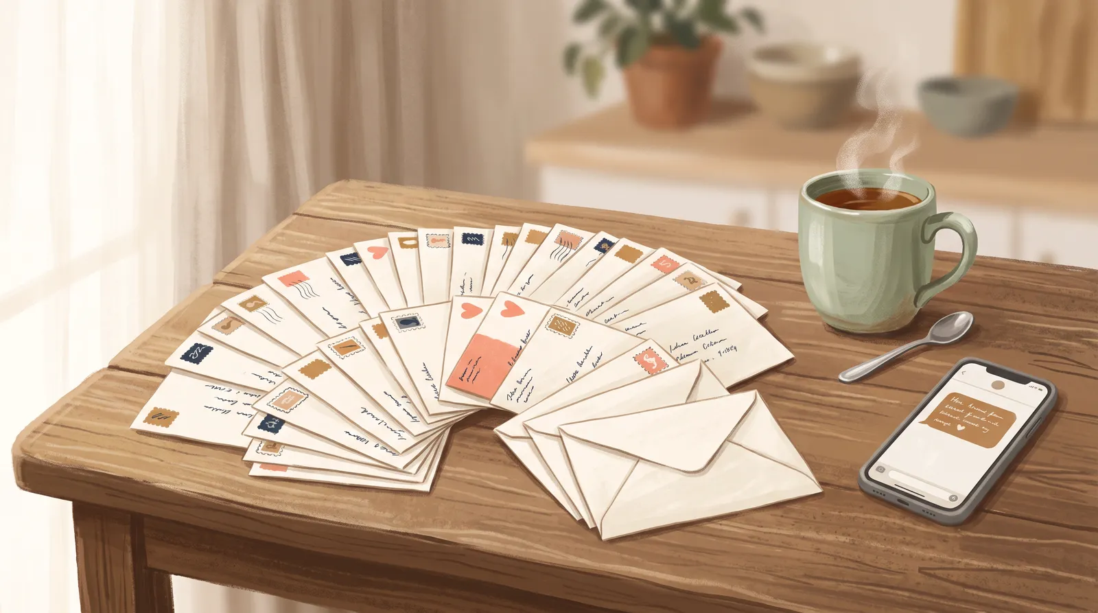 Thirty handwritten envelopes fanned on a kitchen table beside a cup of tea — no crowd anywhere