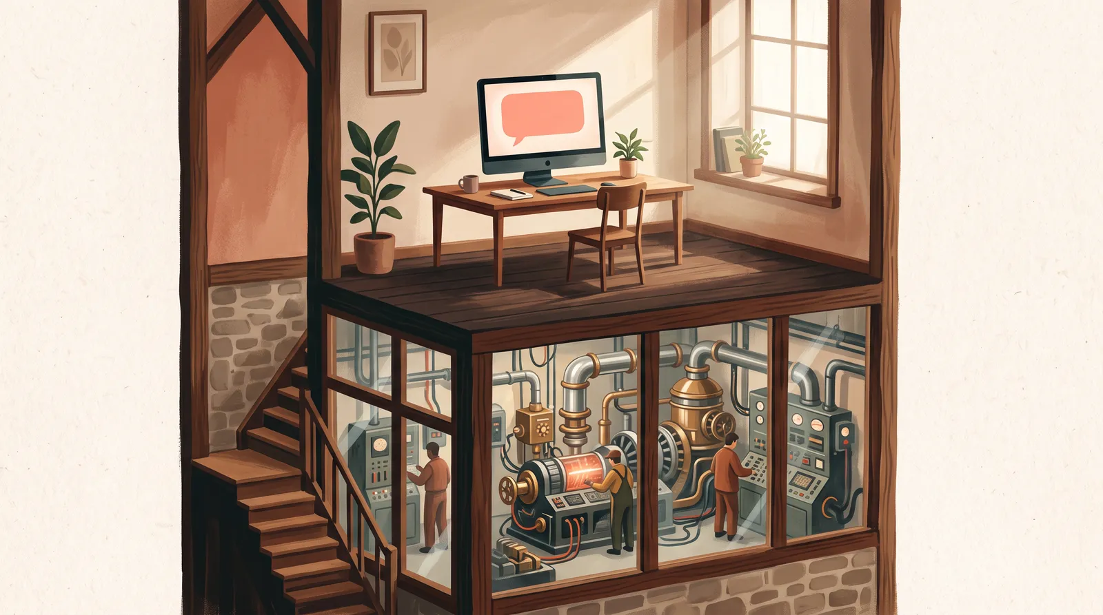 A humming machine room behind glass beneath a small schoolhouse; upstairs, one wooden desk with a single friendly text box