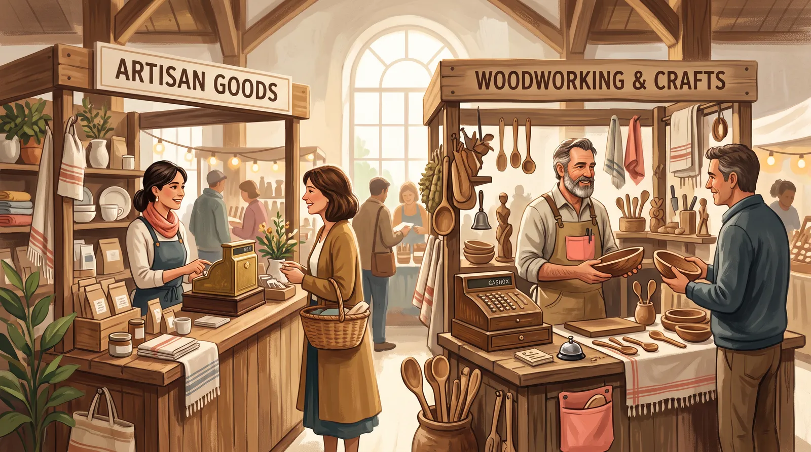 Two market stalls side by side: a full-service counter with a teller, and a craftsman's own stall with his own cashbox — both prosperous