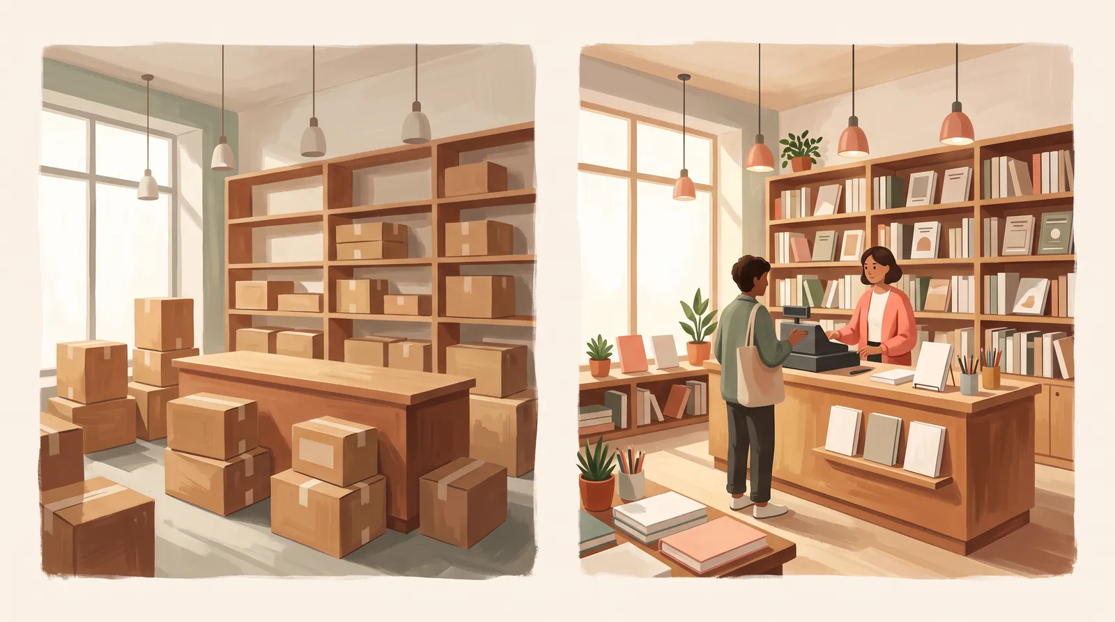 Two identical shop interiors an hour after opening: one still full of sealed boxes, the other stocked, lit, and serving a customer