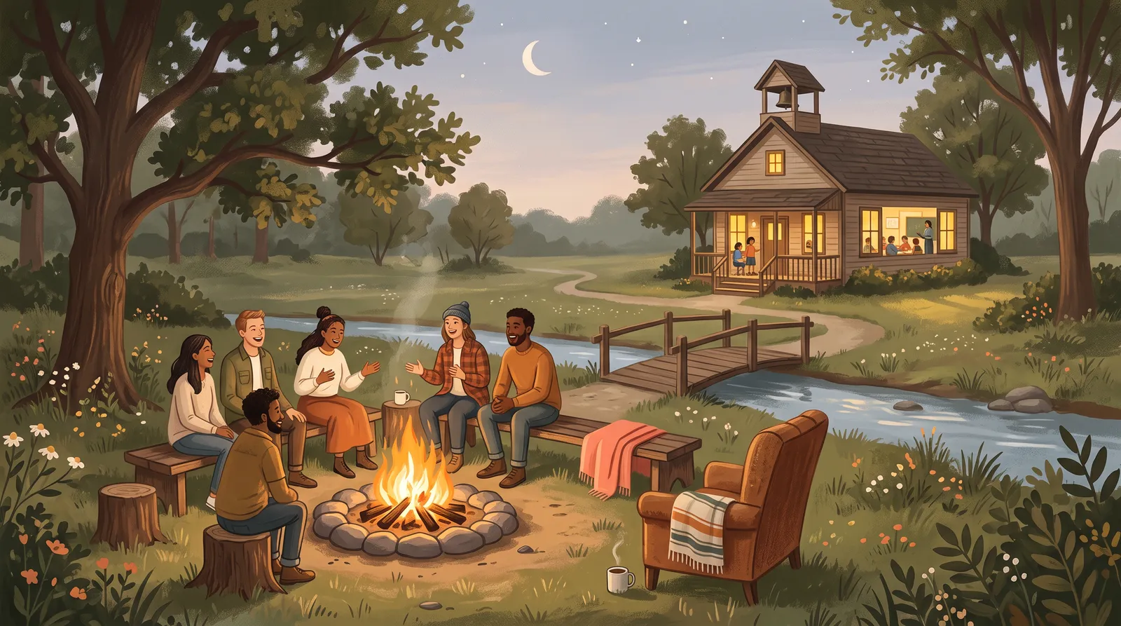 A campfire circle awaiting its host on one side of a stream; a schoolhouse teaching by itself on the other — both inviting