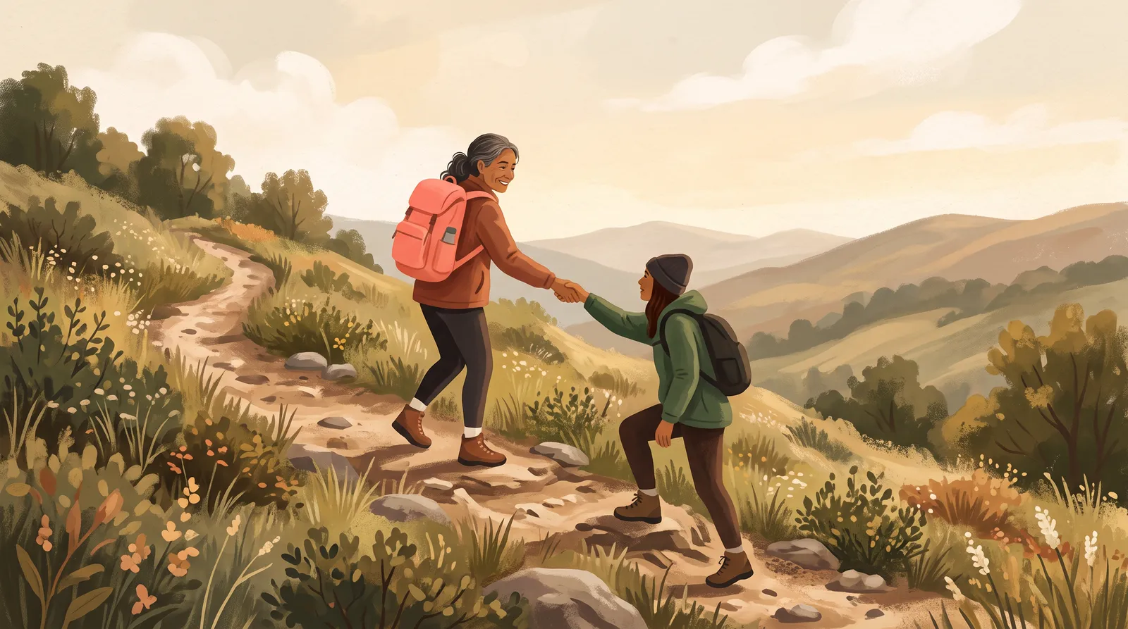 A hiker one step ahead on a hillside trail reaching back to help the next person up — no summit in sight, none needed