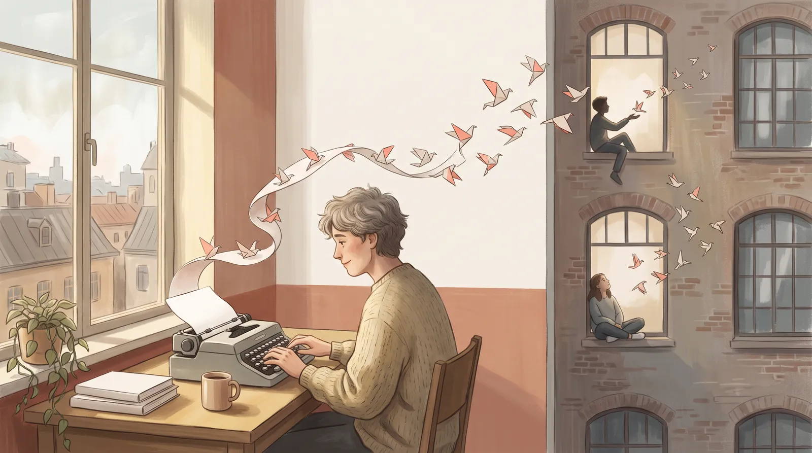 Typed words becoming small paper birds that fly from a screen to students on distant windowsills; no camera in sight