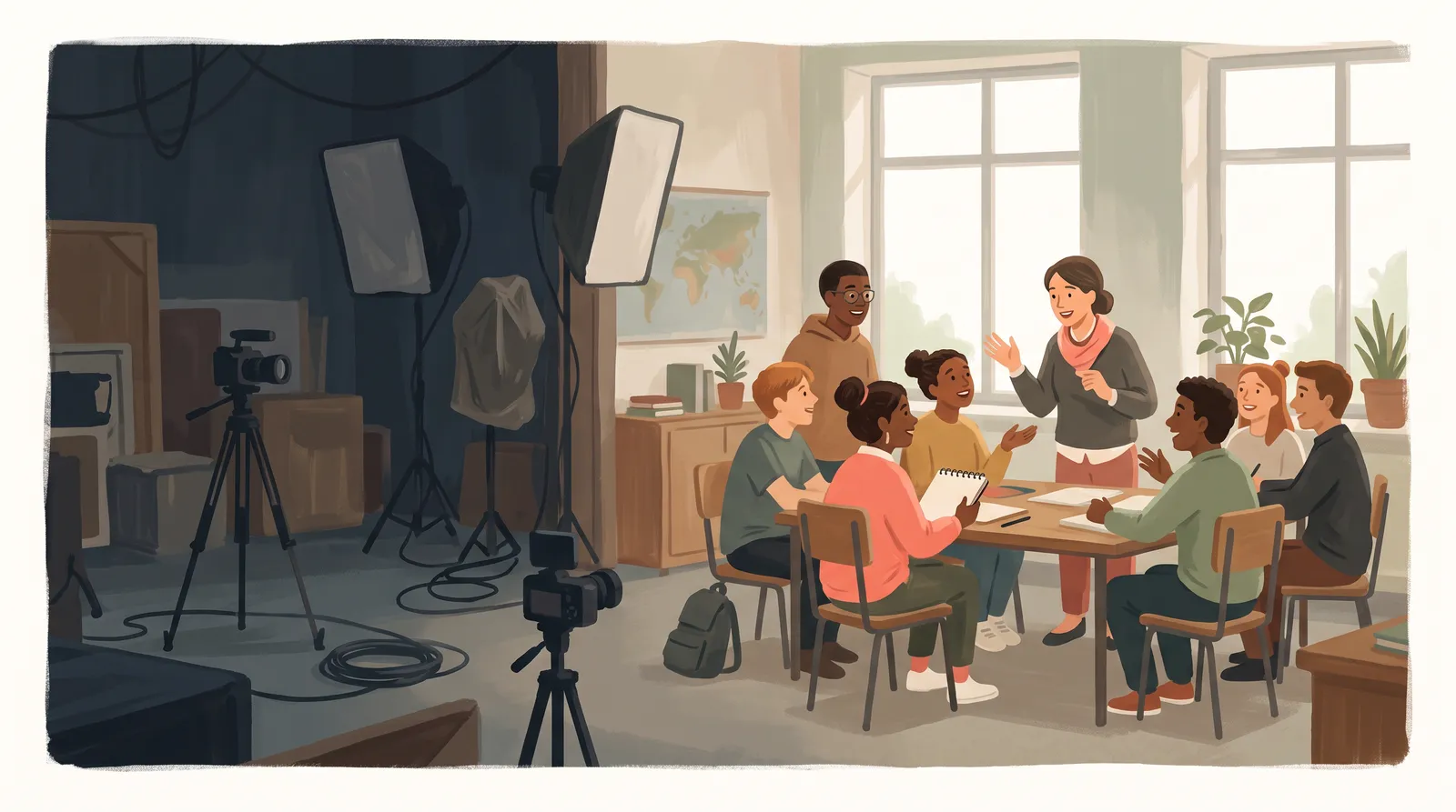 A film set with cameras and lights standing dark and unused beside a small bright classroom mid-lesson