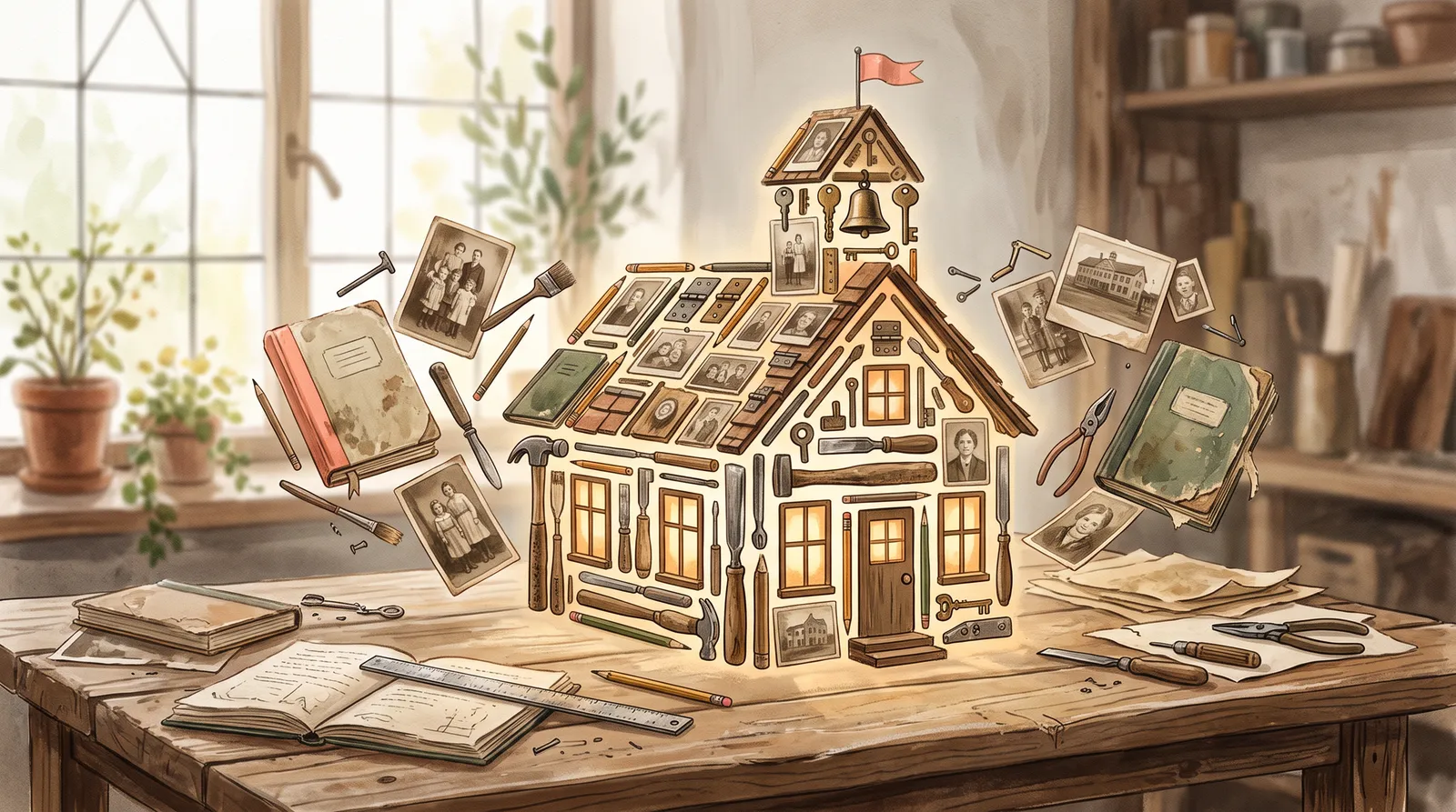A lifetime of well-worn tools, notebooks, and photographs assembling themselves into the shape of a small glowing schoolhouse