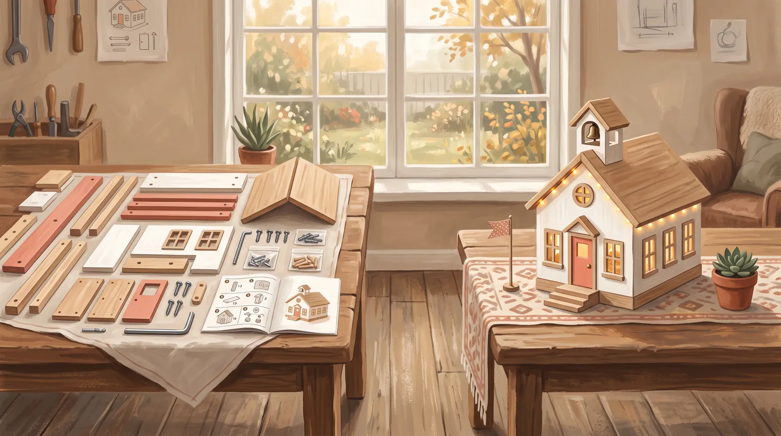 An unassembled flat-pack schoolhouse kit with manual and allen key on one table; the same schoolhouse finished and lit on the next