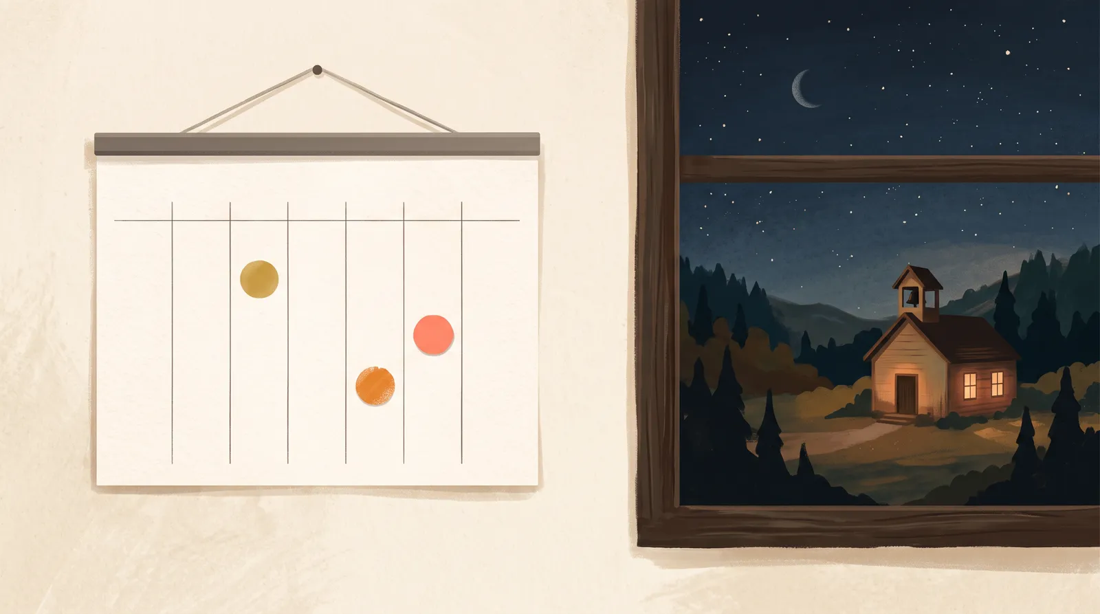 A weekly calendar with just three small stickers, while through the window a tiny schoolhouse teaches on its own at night