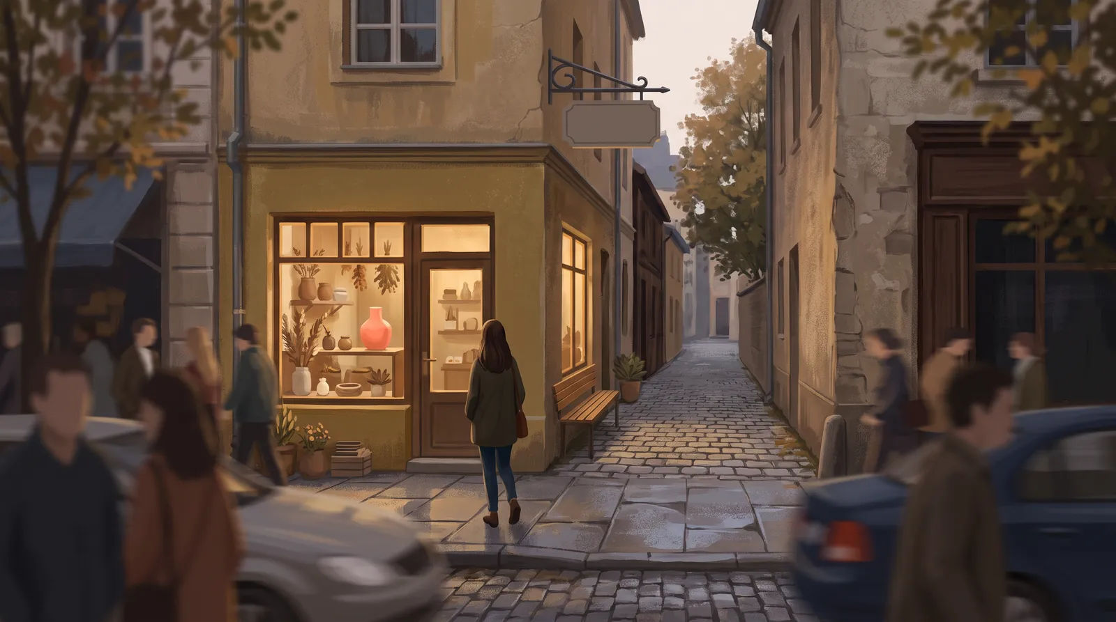A quiet cobblestone side street with one glowing specific shop, seen from a loud crowded generic boulevard