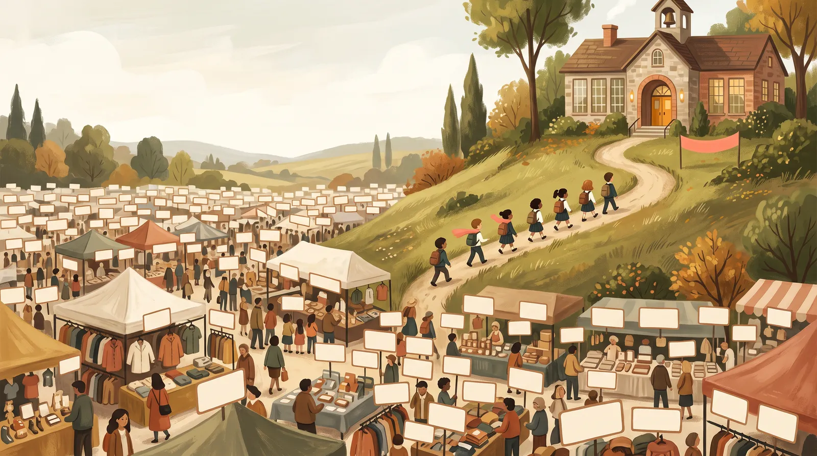 A vast bazaar of identical discounted stalls below; one independent school on the hill above with students walking up its path