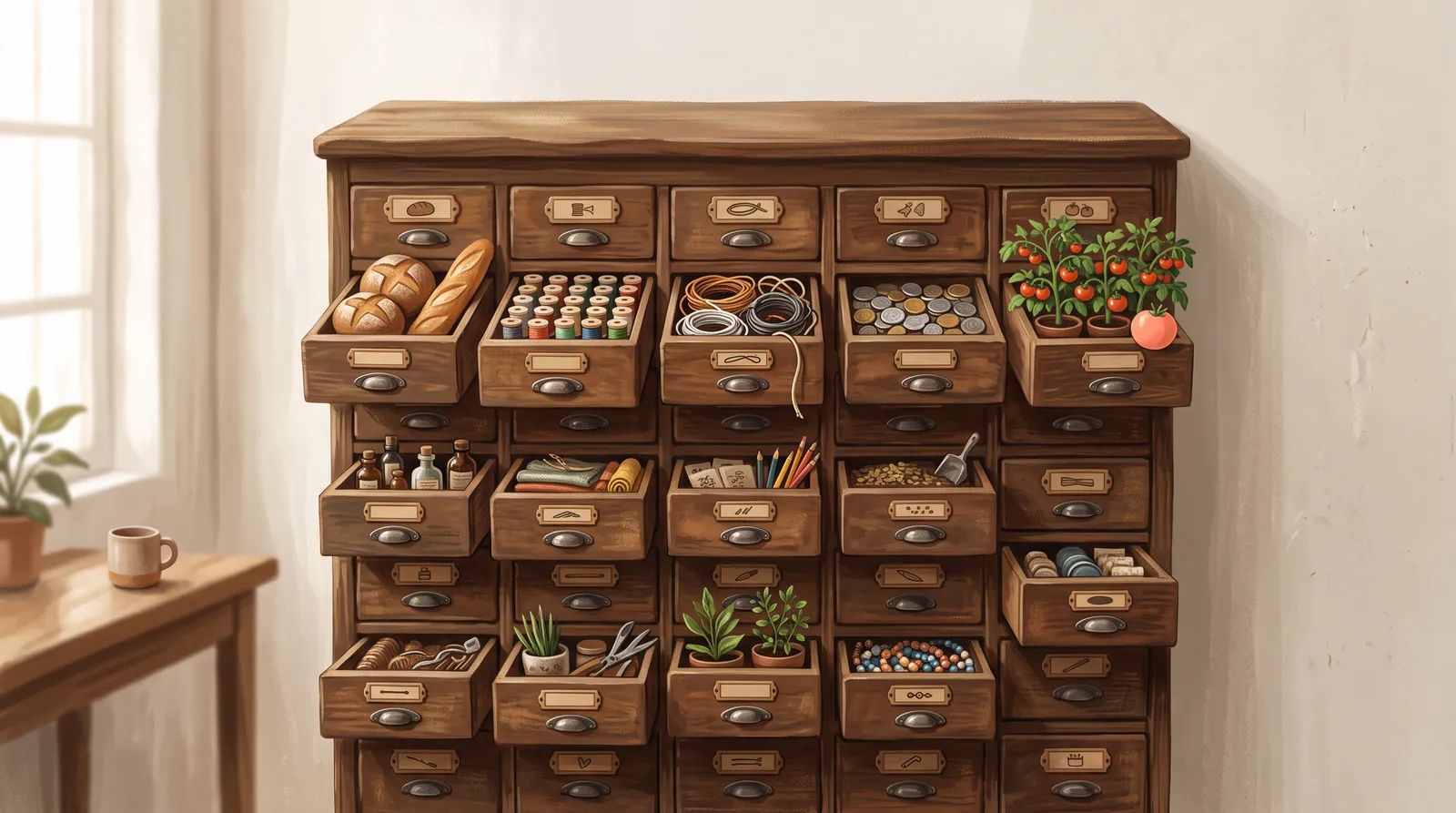 A cabinet of small labeled drawers, each open to reveal a different miniature world: bread, thread, chords, coins, plants