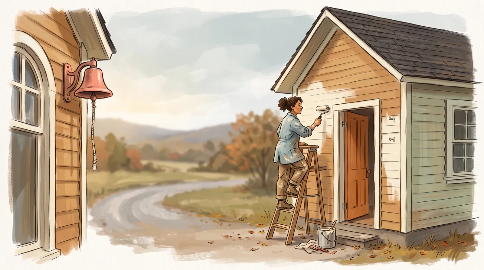 A painter finishing a schoolhouse in the owner's colors, with exactly two small unpainted structural bolts visible near the door
