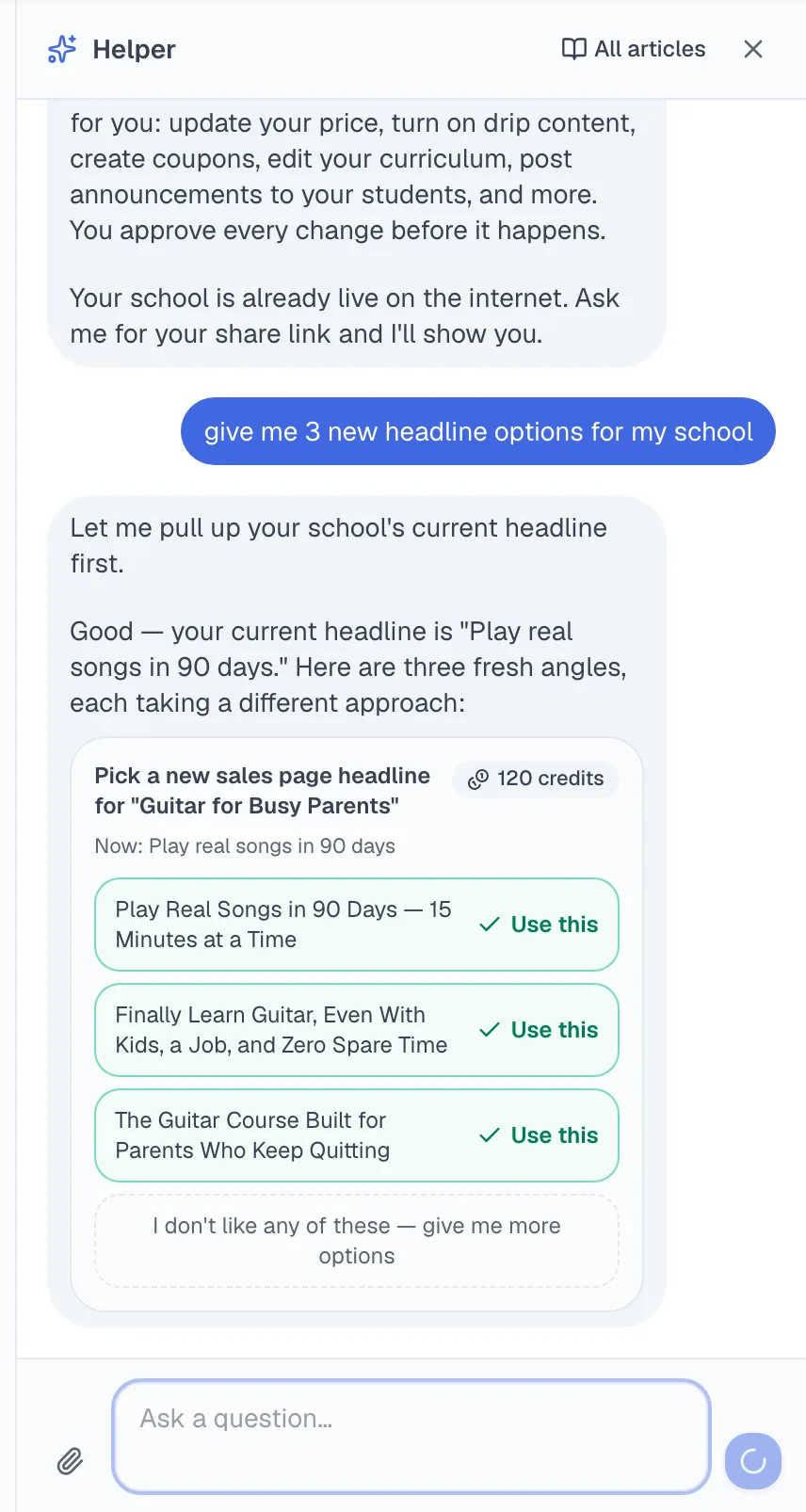The TeachClub assistant proposing three headline options, each with a one-click apply button