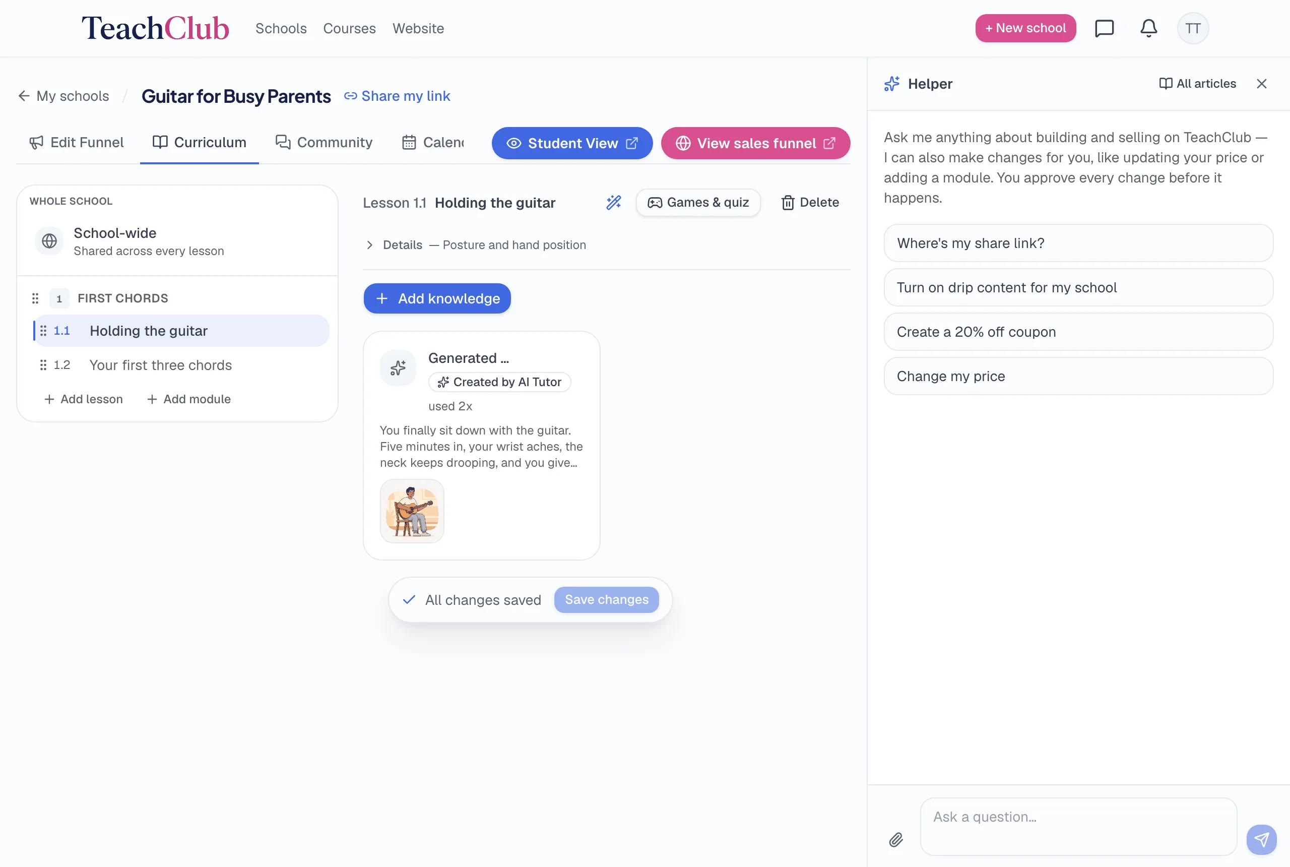 The Curriculum editor: module and lesson tree on the left, a lesson with teaching points, Add knowledge, and an AI-generated asset