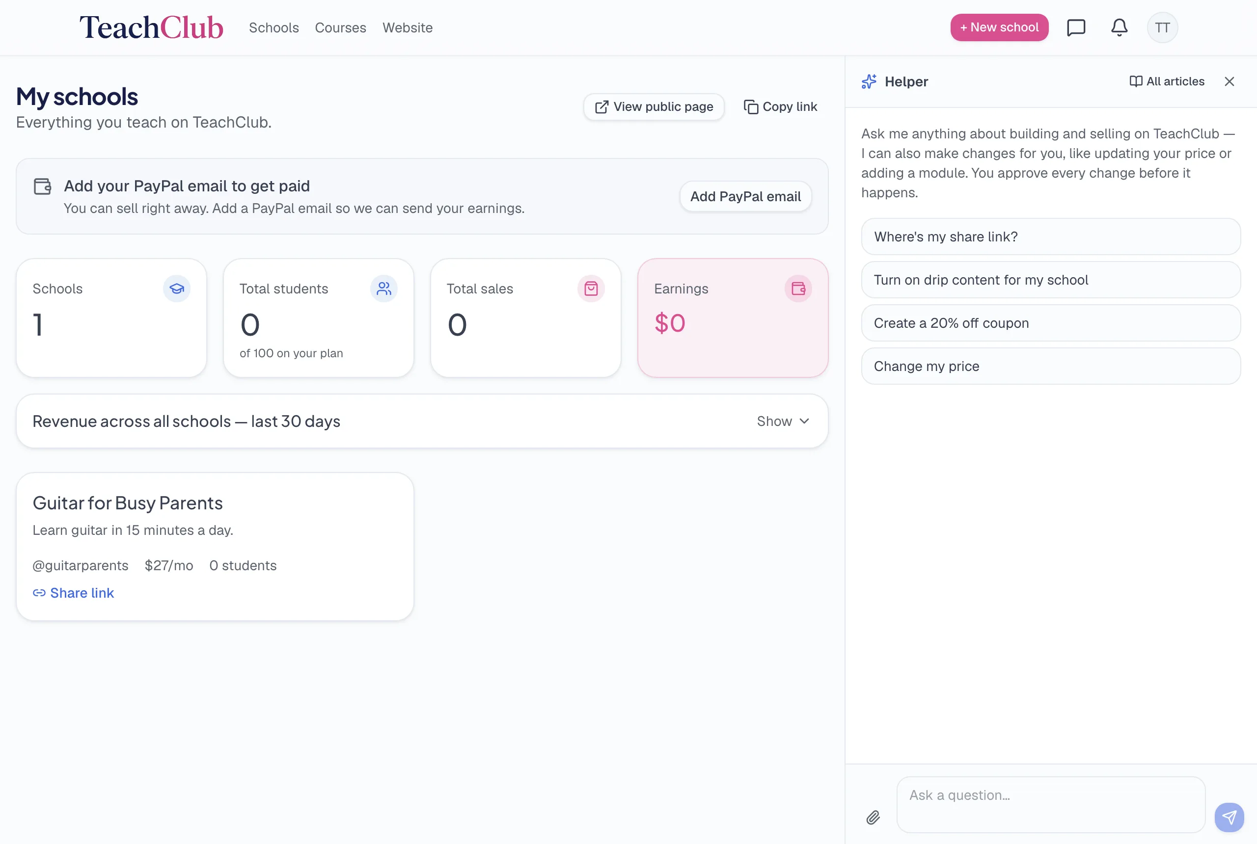 The My Schools dashboard: school card, student and sales counts, revenue summary — the twice-a-week glance