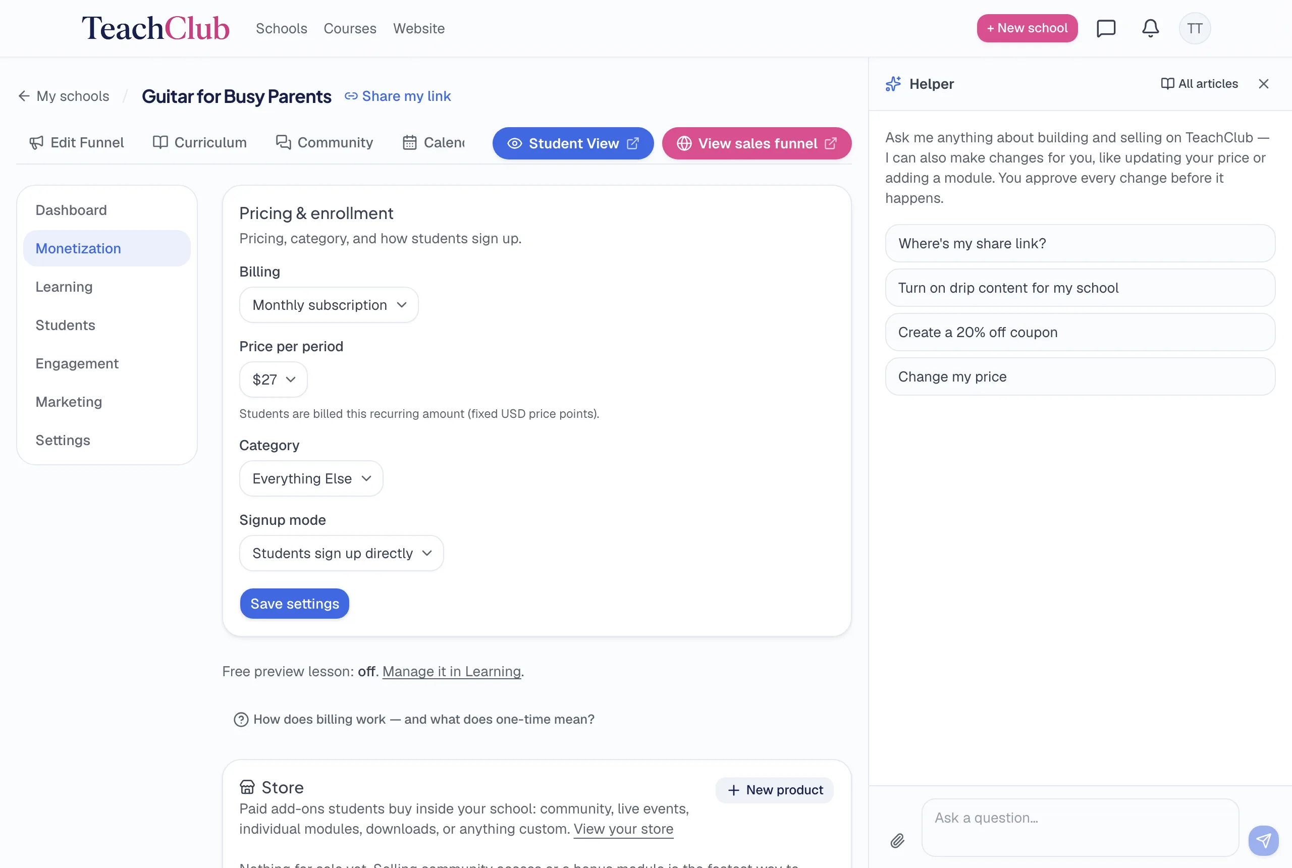 The Monetization page: billing cadence dropdown, price per period, category, and signup mode