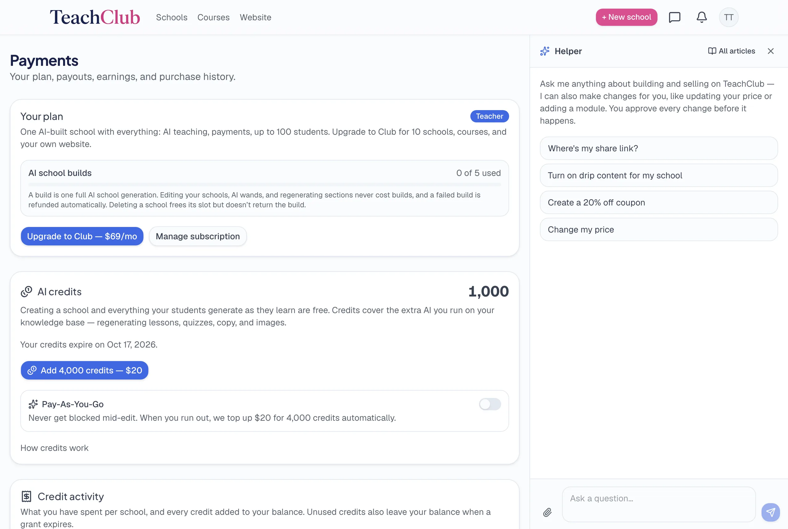 The Payments page: plan card with build meter, the AI credits card showing a 1,000 balance, the $20 top-up button, and the Pay-As-You-Go toggle