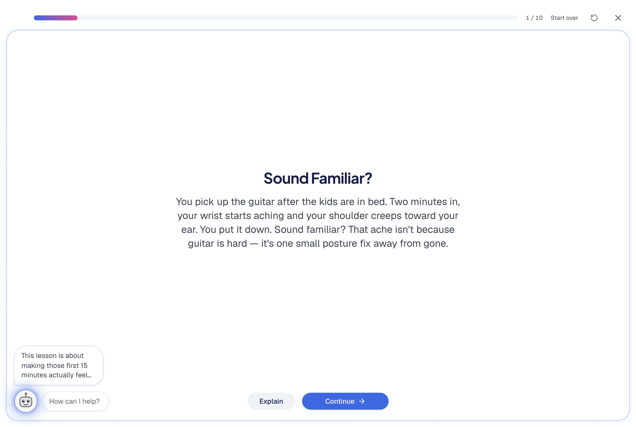 A real lesson teaching in text and interaction — progress bar, teaching prose, Explain and Continue buttons — with no video anywhere