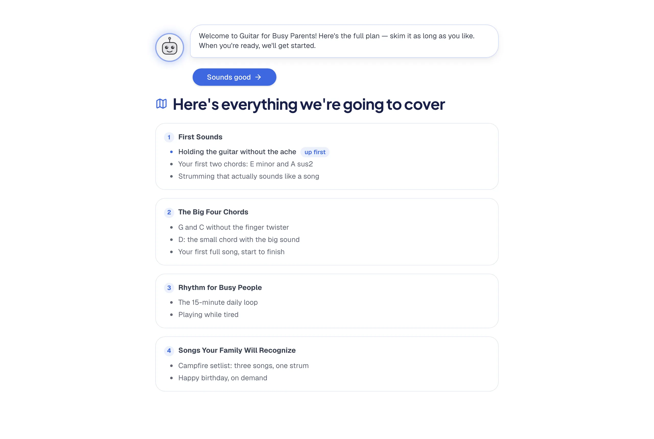 The student's first view inside a school: the AI tutor's welcome message and the full four-module course plan