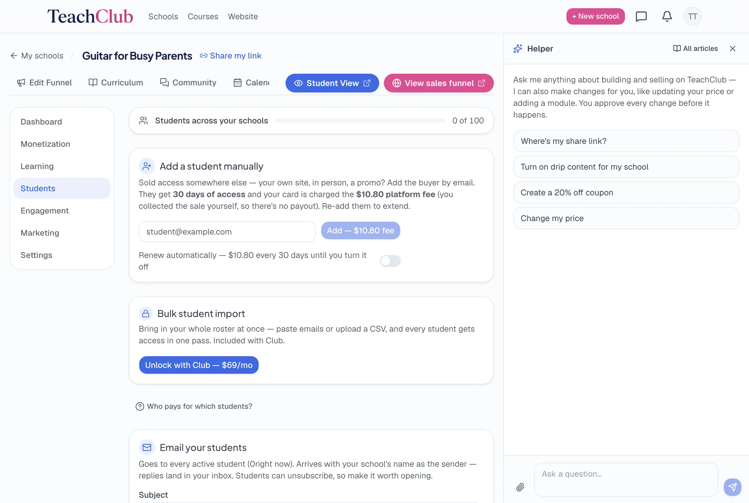 The Students admin page: add a student manually by email with the exact seat fee shown on the button, plus bulk CSV import